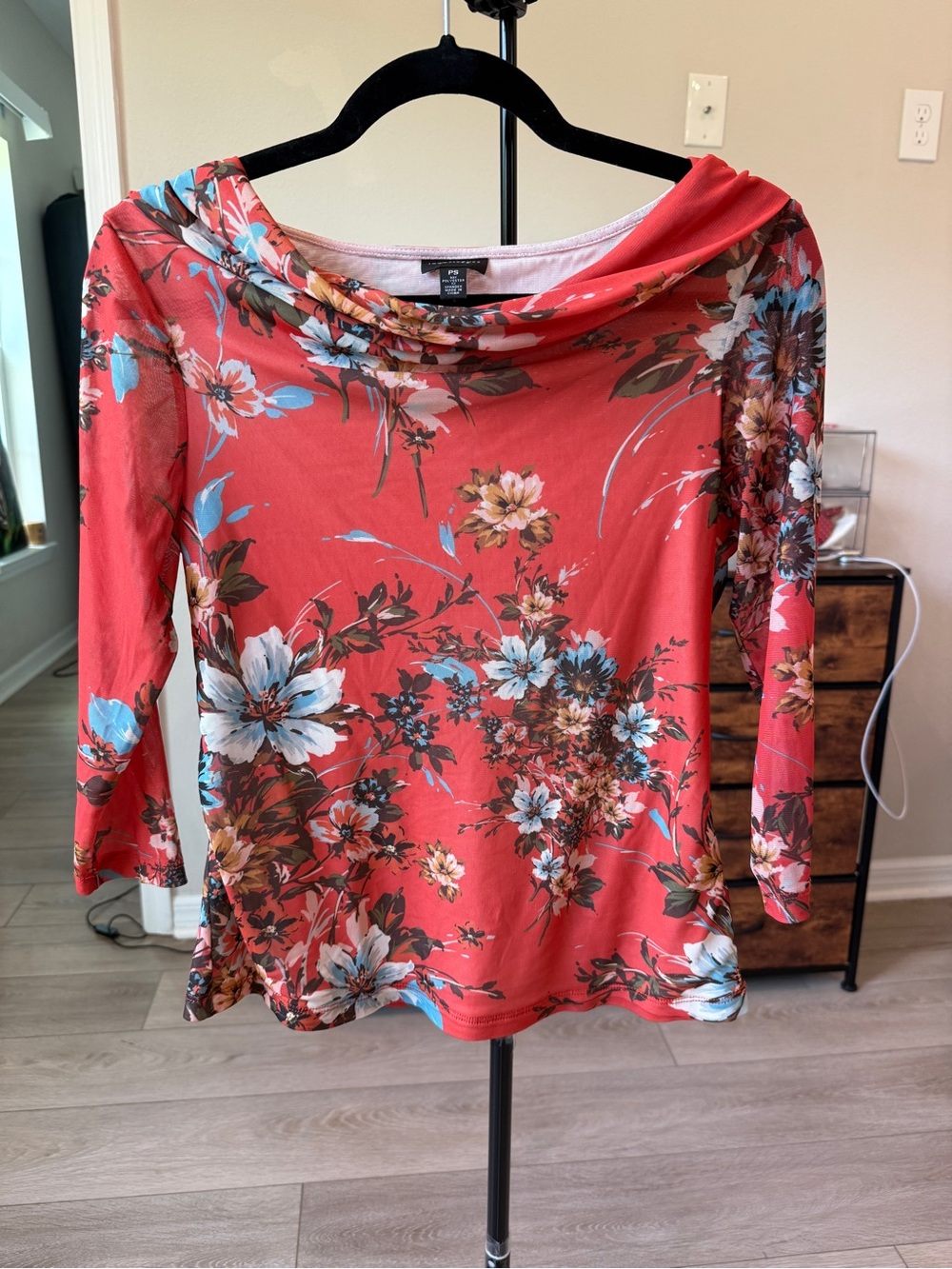 Investments Petites Womens Blouse PS Coral Red Floral Cowl Neck 3/4 Sleeve Mesh